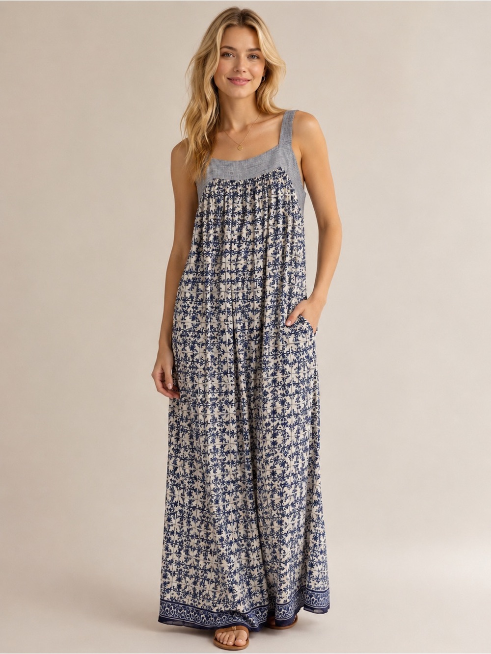 Vineyard Vines Blue White Printed Maxi Dress Size XS Linen 6076
